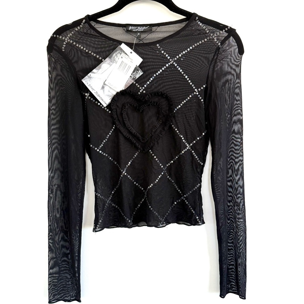 BETSEY JOHNSON Vintage Y2K Sheer Black Long Sleeve Heart Top / New / Sz M RARE!